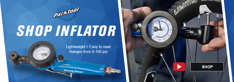 Park Tool Shop Inflator, lightweight, easy to read, ranges from zero to one sixty PSI